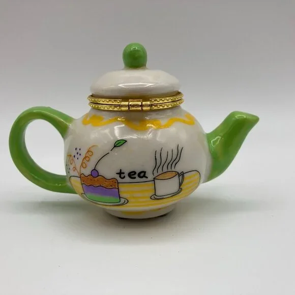 Miniature Porcelain Hinged Teapot Trinket, Pill, Jewelry Holder - Picture 2 of 7